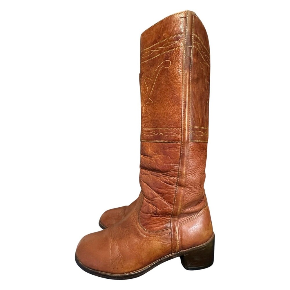 VTG Acme Knee High Longhorn Steer Stitch Brown Leather Sz 8 Womens Riding Boot